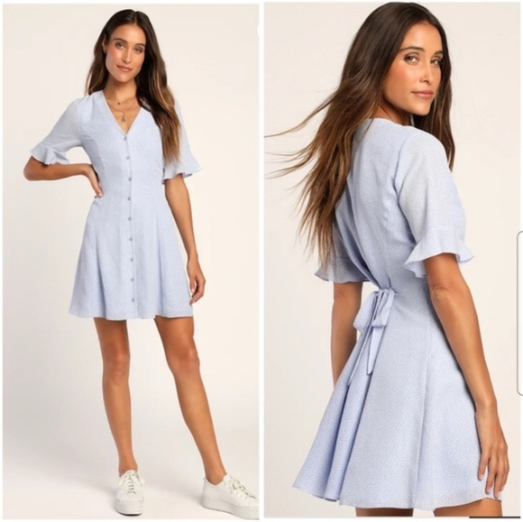 Lulus Dresses & Skirts - Lulu’s Castana Blue Print Button-Up Dress Short Sleeve